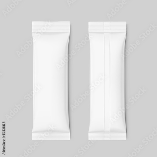 Realistic flow bag mockup. Vector illustration. Front and back view. Ready for your design. It can be used in the adv, promo, package, etc. EPS10.	