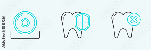 Set line Tooth with caries, Otolaryngological head reflector and Dental protection icon. Vector