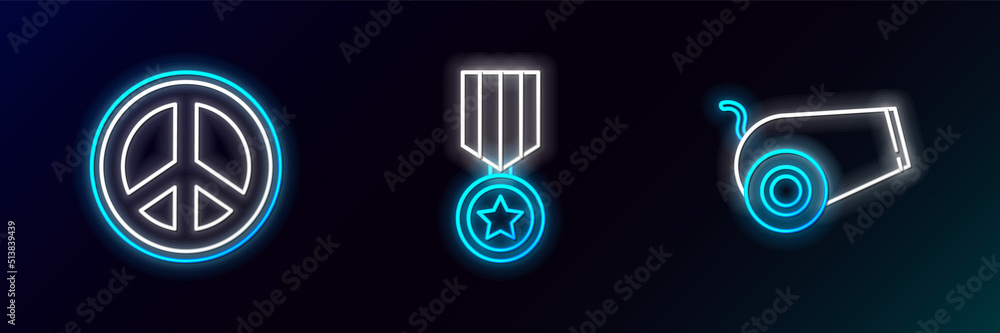 Set line Cannon, Peace and Military reward medal icon. Glowing neon. Vector Set line Cannon, Peace and Military reward medal icon. Glowing neon. Vector