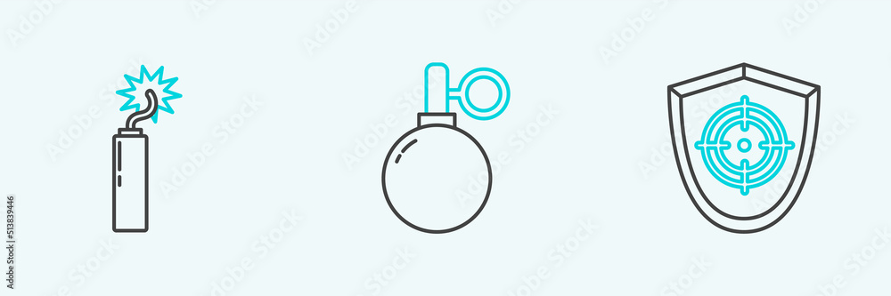 Set line Target sport, Dynamite bomb stick clock and Hand grenade icon. Vector Set line Target sport, Dynamite bomb stick clock and Hand grenade icon. Vector