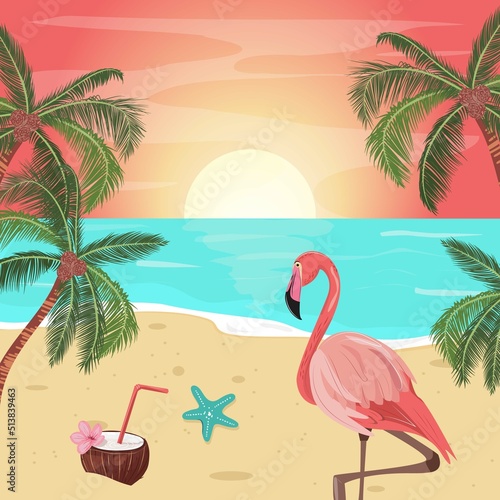 Beautiful illustration of tropical summer sunset on the beach with flamingo. 