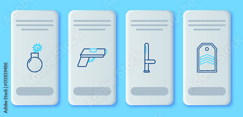 Set line Pistol or gun, Police rubber baton, Bomb ready explode and Chevron icon. Vector