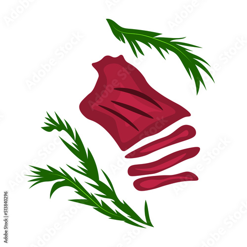 Cut tasty steak with herbs on white background