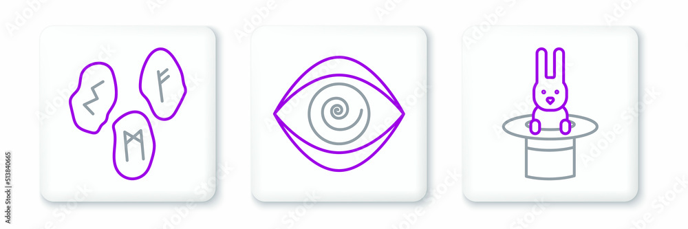Set line Magician hat and rabbit, runes and Hypnosis icon. Vector Set line Magician hat and rabbit, runes and Hypnosis icon. Vector