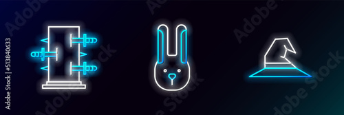 Set line Witch hat, Trunk for magic tricks and Rabbit with ears icon. Glowing neon. Vector