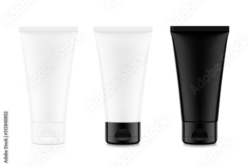 Tubes with flip top cap mockup. Vector illustration isolated on white background. Can be use for your design, advertising, promo and etc. Symmetrical lighting scheme.	