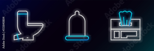 Set line Wet wipe pack, Toilet bowl and Condom icon. Glowing neon. Vector