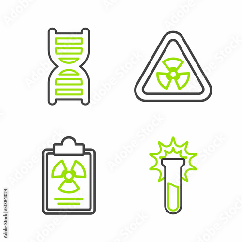 Set line Test tube and flask, Radiation warning document, Triangle with radiation and DNA symbol icon. Vector