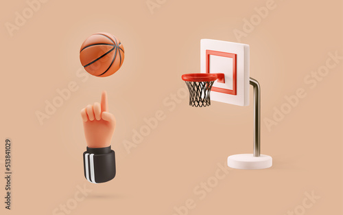 3d vector human hand spinning basket ball on the finger and basketball hoop isolated objects set. Basketball players arm holding ball on finger.