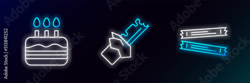 Set line Sugar stick packets, Cake with burning candles and Bitten chocolate bar icon. Glowing neon. Vector