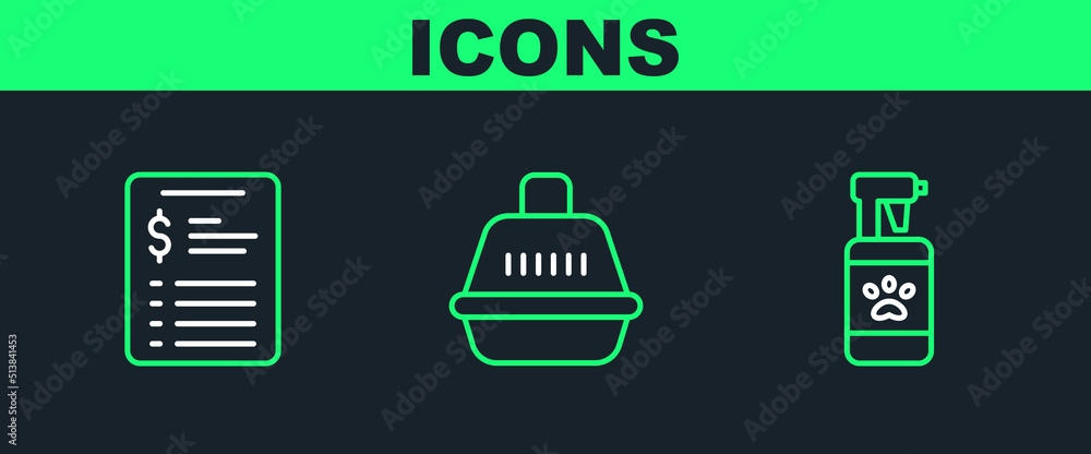Set line Pet shampoo, Grooming salon price list and carry case icon. Vector Set line Pet shampoo, Grooming salon price list and carry case icon. Vector