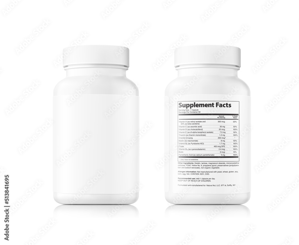 White bottle mockup. Front and rear view with sample text. Vector illustration isolated on white background. Perfect for medical, cosmetic, pharmacy products. EPS10. White bottle mockup. Front and rear view with sample text. Vector illustration isolated on white background. Perfect for medical, cosmetic, pharmacy products. EPS10.