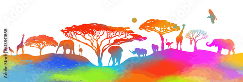 African colorful landscape with animals. Vector illustration photo
