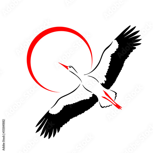 Flying stork and sun. Vector illustration. Flying stork silhouette logo.