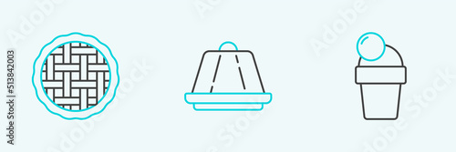 Set line Ice cream, Homemade pie and Pudding custard icon. Vector