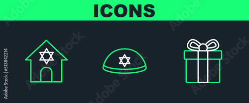 Set line Gift box, Jewish synagogue and kippah icon. Vector