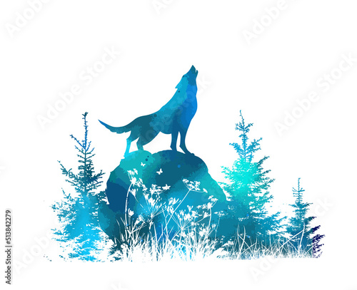 The wolf howls in the blue forest on a stone. Vector illustration