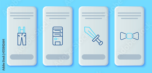 Set line Computer, Sword for game, Pants with suspenders and Bow tie icon. Vector