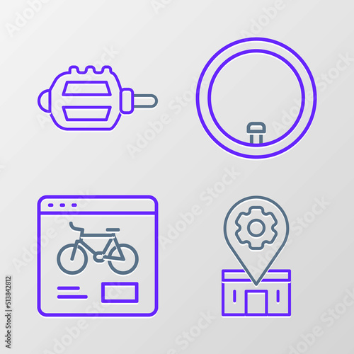 Set line Bicycle repair service, rental mobile app, wheel and pedal icon. Vector