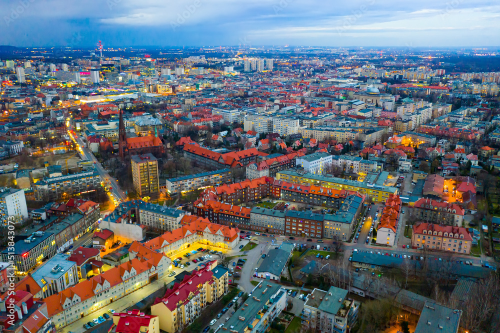 Aerial view of modern landscape of Polish city of Katowice on spring evening, Silesian Voivodeship