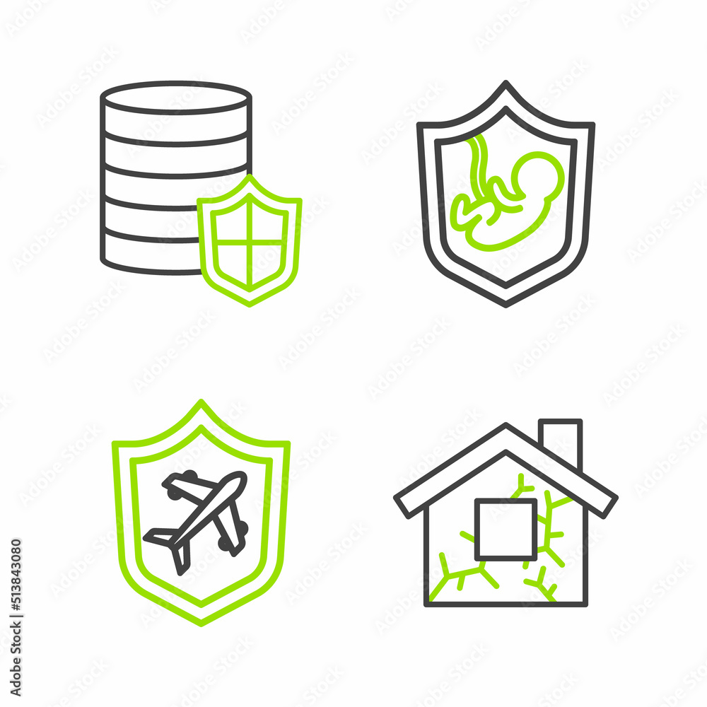 Set line House, Plane with shield, Life insurance and Money icon. Vector