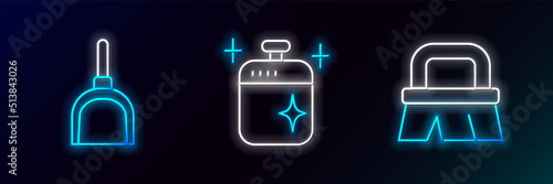 Set line Brush for cleaning, Dustpan and Clean cooking pot icon. Glowing neon. Vector