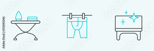 Set line Clean table, Iron and ironing board and Drying clothes icon. Vector