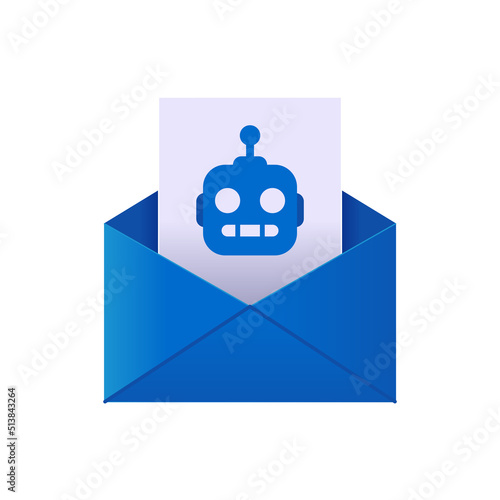 Mailing auto bot advertising 3d email blue envelope with attached file with robot symbol vector illustration