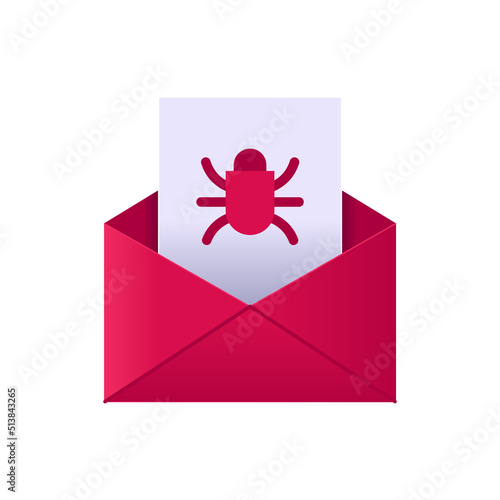 Dangerous virus 3d email red envelope with attached file with bug symbol vector illustration