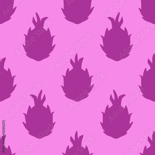 Purple Dragon Fruit Seamless Pattern, in Flat Design Style. Hand Drawn Cartoon Pitaya Fruits on Bright Purple Background, Simple Tropical Design. Summer Illustration.