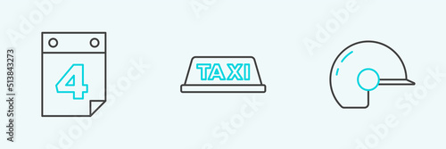 Set line Baseball helmet, Calendar with date July 4 and Taxi car roof icon. Vector