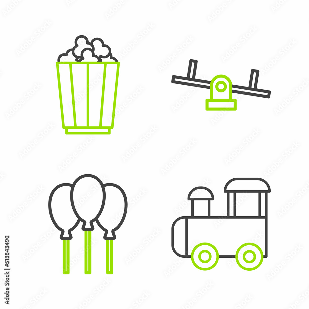 Set line Toy train, Balloons with ribbon, Seesaw and Popcorn box icon. Vector Set line Toy train, Balloons with ribbon, Seesaw and Popcorn box icon. Vector