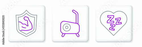 Set line Sleepy, Bodybuilder muscle and Stationary bicycle icon. Vector