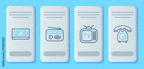 Set line Radio with antenna, Retro tv, VHS video cassette tape and Telephone handset icon. Vector