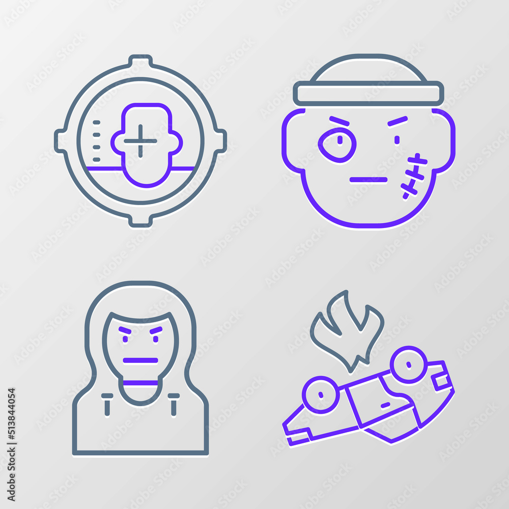 Set line Burning car, Thief mask, Bandit and Headshot icon. Vector Set line Burning car, Thief mask, Bandit and Headshot icon. Vector