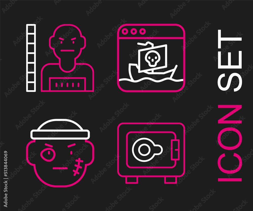 Set line Safe, Bandit, Internet piracy and Suspect criminal icon. Vector Set line Safe, Bandit, Internet piracy and Suspect criminal icon. Vector