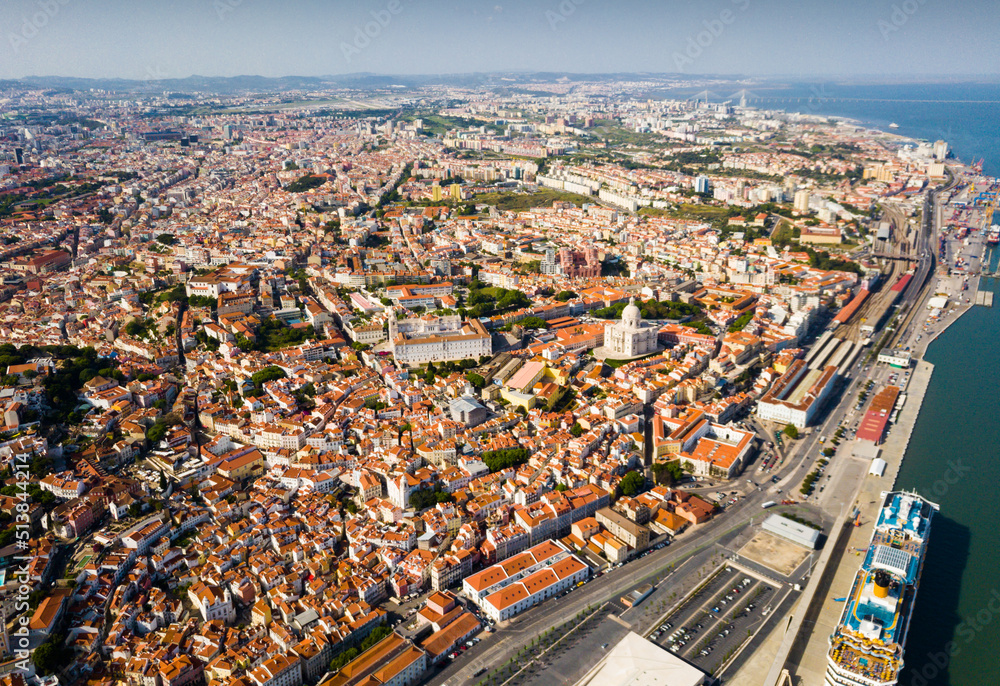 Aerial view of oldest district Alfama overlooking National Pantheon and Monastery of Sao Vicente de Fora, Lisbon, Portugal