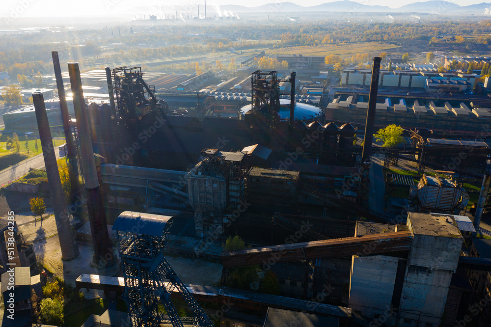 Aerial view of big industrial zone of closed metallurgical factory complex in Ostrava