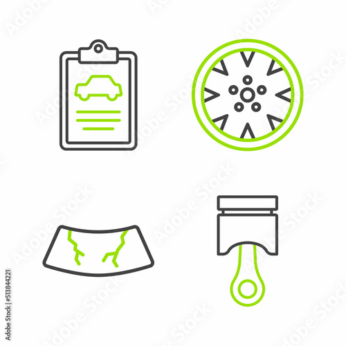 Set line Engine piston, Broken windshield, Alloy wheel and Car inspection icon. Vector