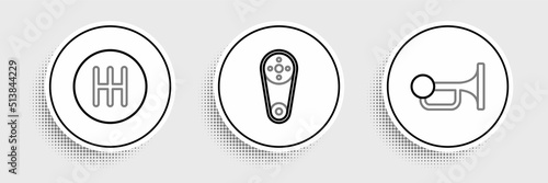 Set line Signal horn on vehicle, Gear shifter and Timing belt kit icon. Vector