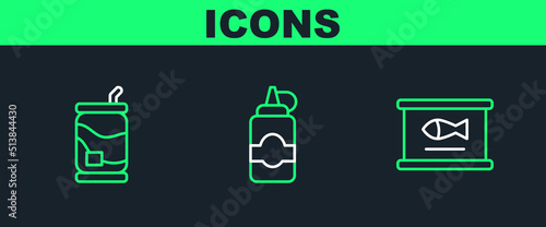 Set line Canned fish, Soda can and Sauce bottle icon. Vector