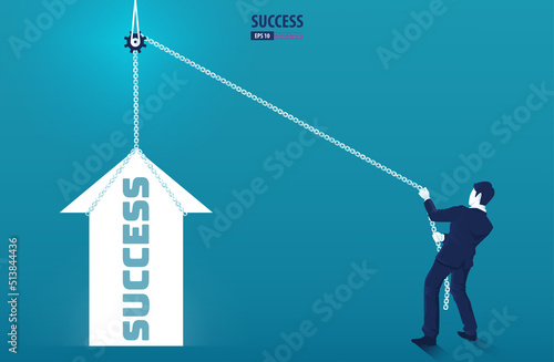 Businessman pulling success arrow graph upwards with chain. grow chart up increase profit sales and investment.