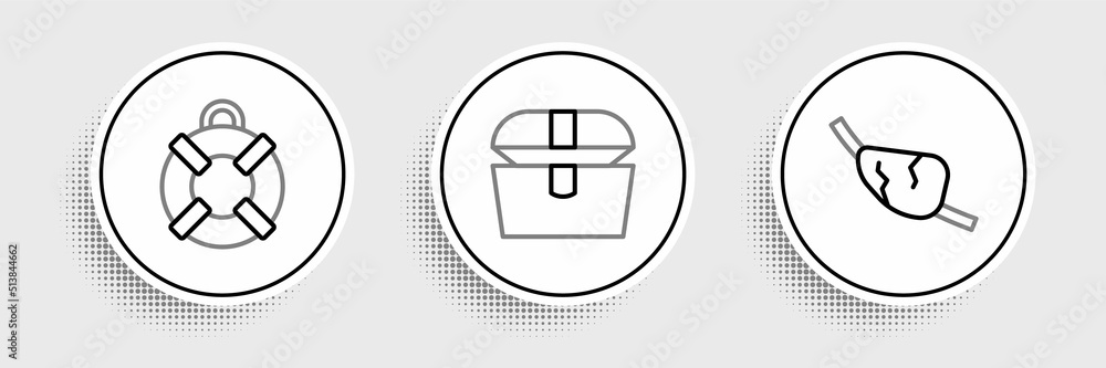 Set line Pirate eye patch, Lifebuoy and Antique treasure chest icon. Vector Set line Pirate eye patch, Lifebuoy and Antique treasure chest icon. Vector
