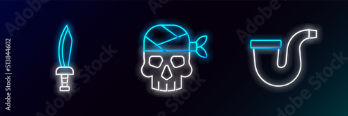 Set line Smoking pipe, Pirate sword and captain icon. Glowing neon. Vector