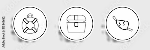Set line Pirate eye patch, Lifebuoy and Antique treasure chest icon. Vector