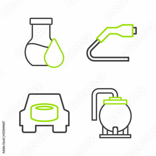 Set line Oil tank storage, Spare wheel in the car, Electrical cable plug charging and petrol test tube icon. Vector