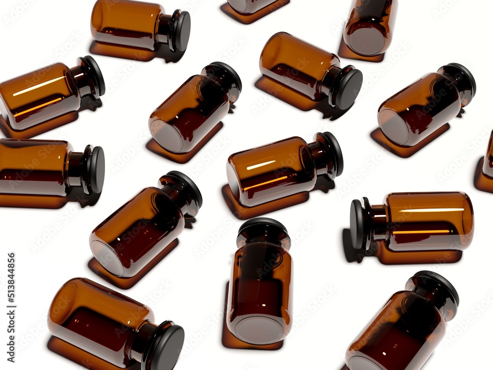 Pharmacy glass bottles with black rubber plug on white background Pharmacy glass bottles with black rubber plug on white background