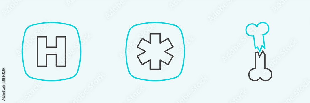 Set line Human broken bone, Hospital signboard and Emergency - Star of Life icon. Vector Set line Human broken bone, Hospital signboard and Emergency - Star of Life icon. Vector
