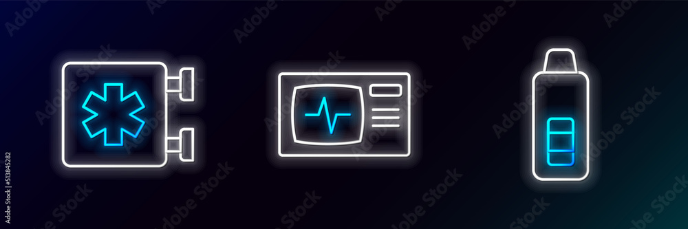 Set line Digital thermometer, Emergency - Star of Life and Monitor with cardiogram icon. Glowing neon. Vector Set line Digital thermometer, Emergency - Star of Life and Monitor with cardiogram icon. Glowing neon. Vector