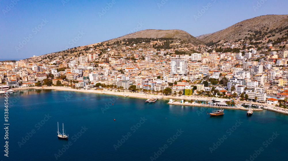 Aerial view of the resort town of Saranda, located on the coast of the Ionian Sea, Albania